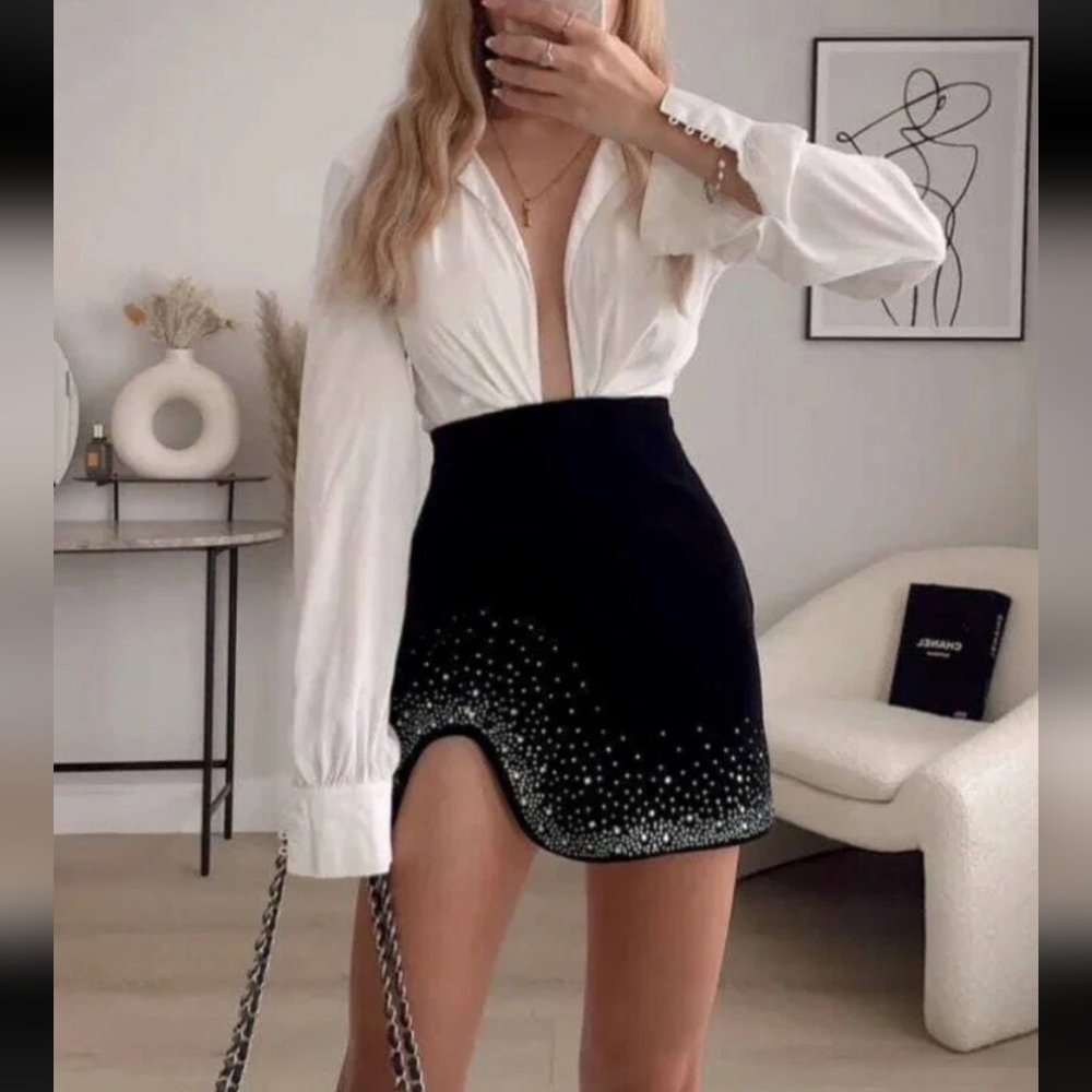 Zara Blogger Favorite Elegant Black Skirt Rhinestone Bling sz XXL